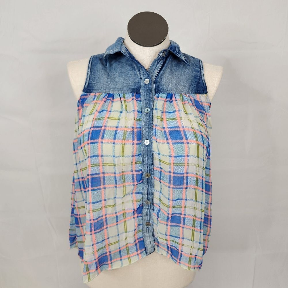 3/$25 Rue21 Plaid Sheer Collared Sleeveless Denim Button Up Top Sz M